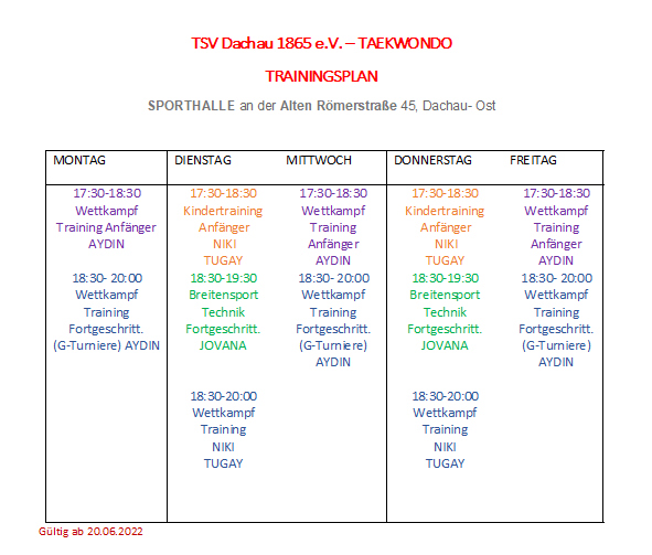 Trainingszeiten Taekwondo TSV Dachau