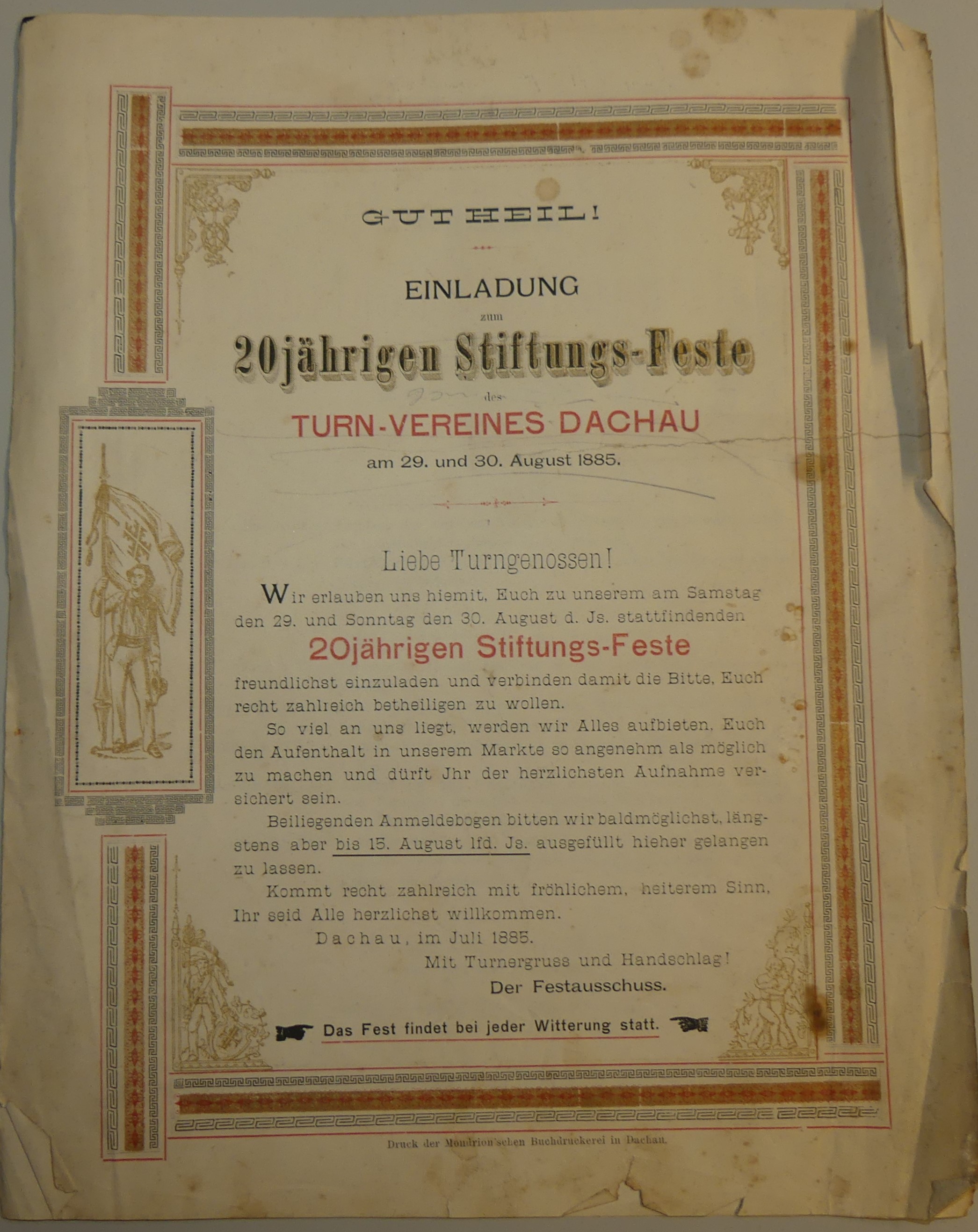zum 20jährigen Stiftungsfestes des Turn-Vereines Dachau am 29./30. August 1885
