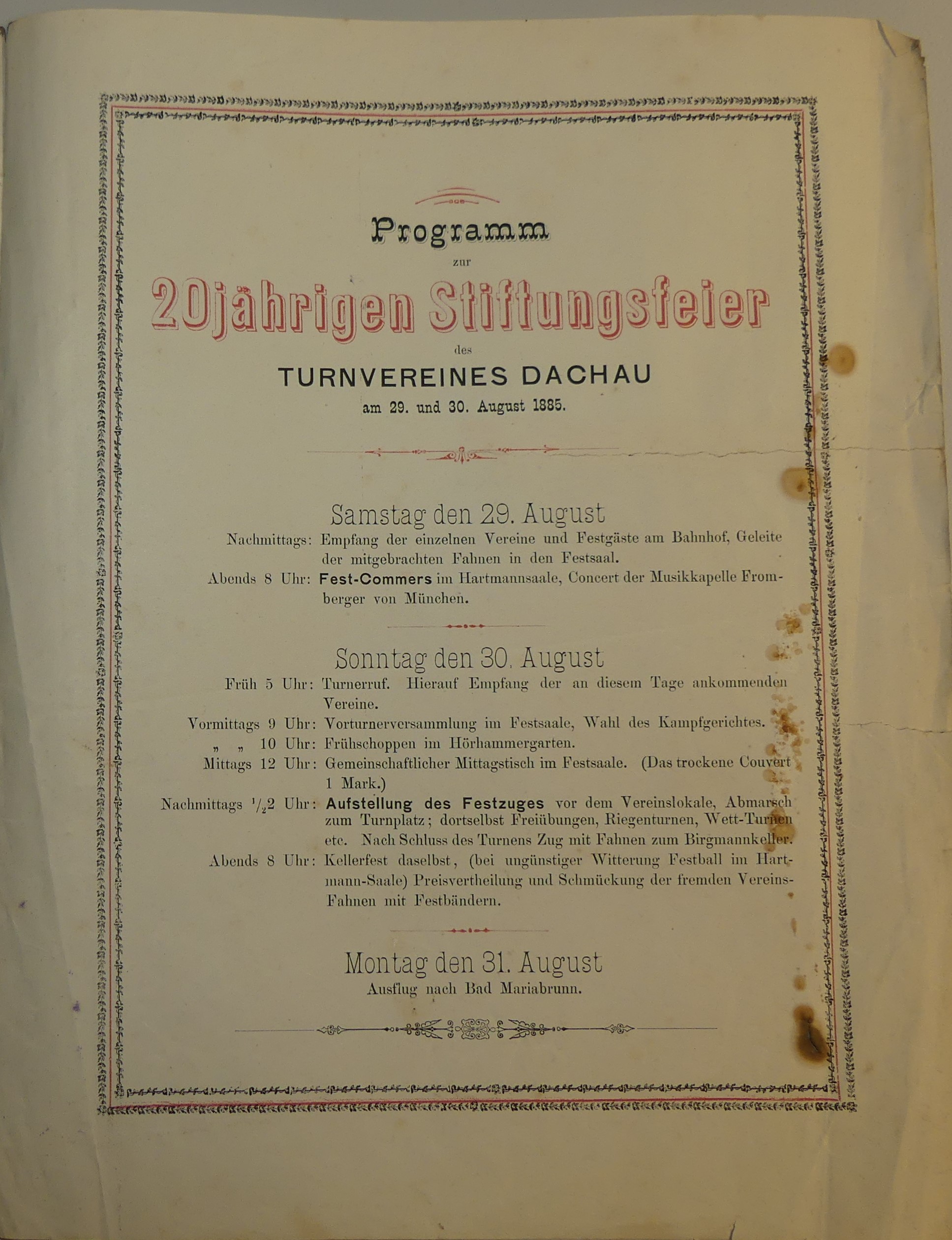 20jähriges Stiftungsfestes des Turn-Vereines Dachau am 29./30. August 1885