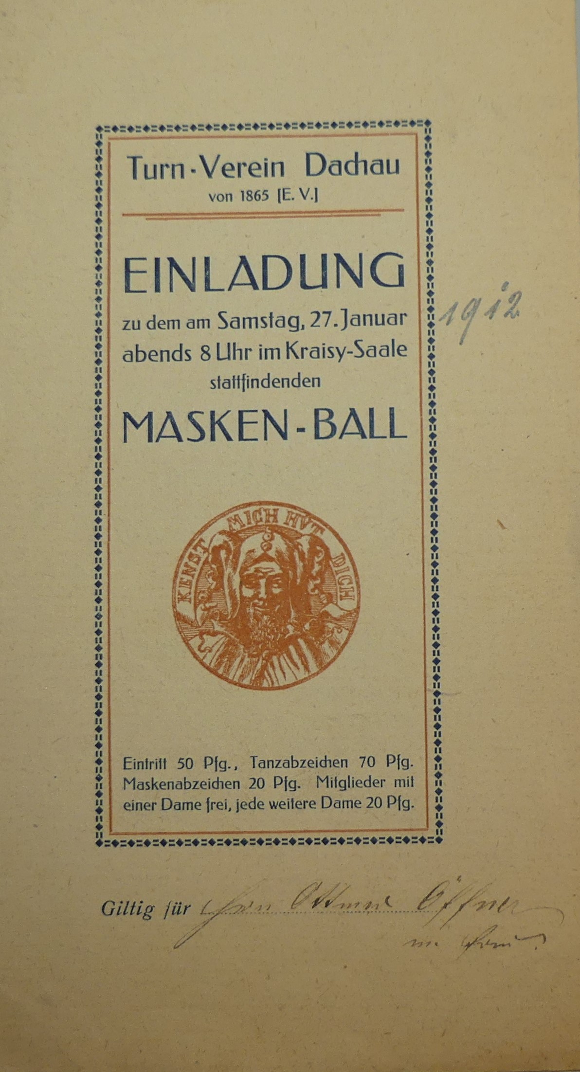 Am 27. Januar 1912 fand der Maskenball des Turnverein Dachau von 1865 statt